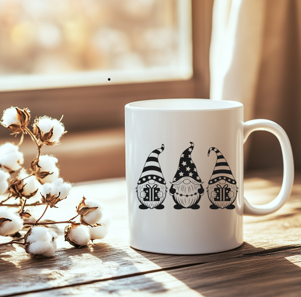 Coffee Cup 3 Gnomes w presents
