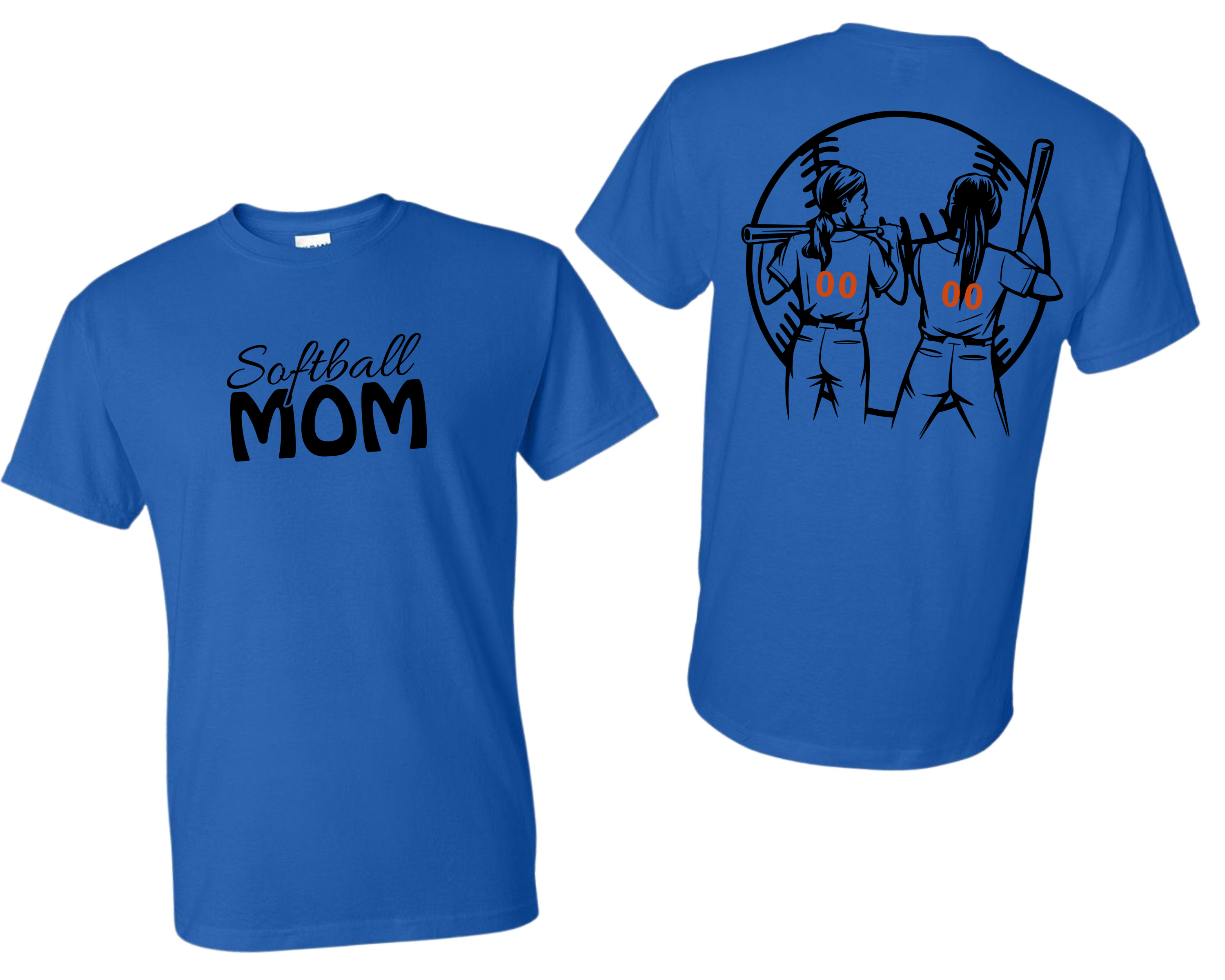 Adult Tee Front Softball Mom/Back Two Customizable Softball Girls