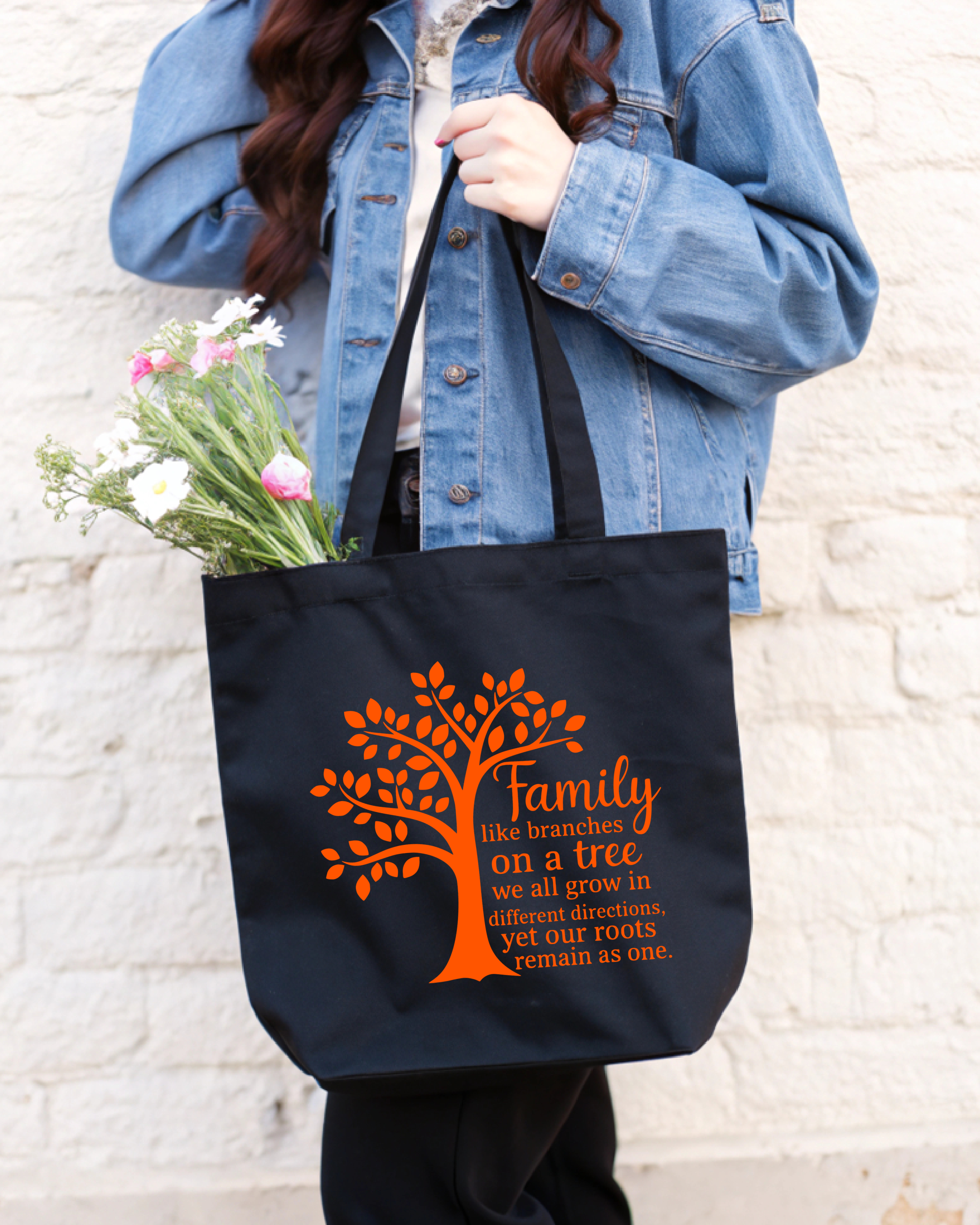 Tote Bag Family and Tree wrote in cursive