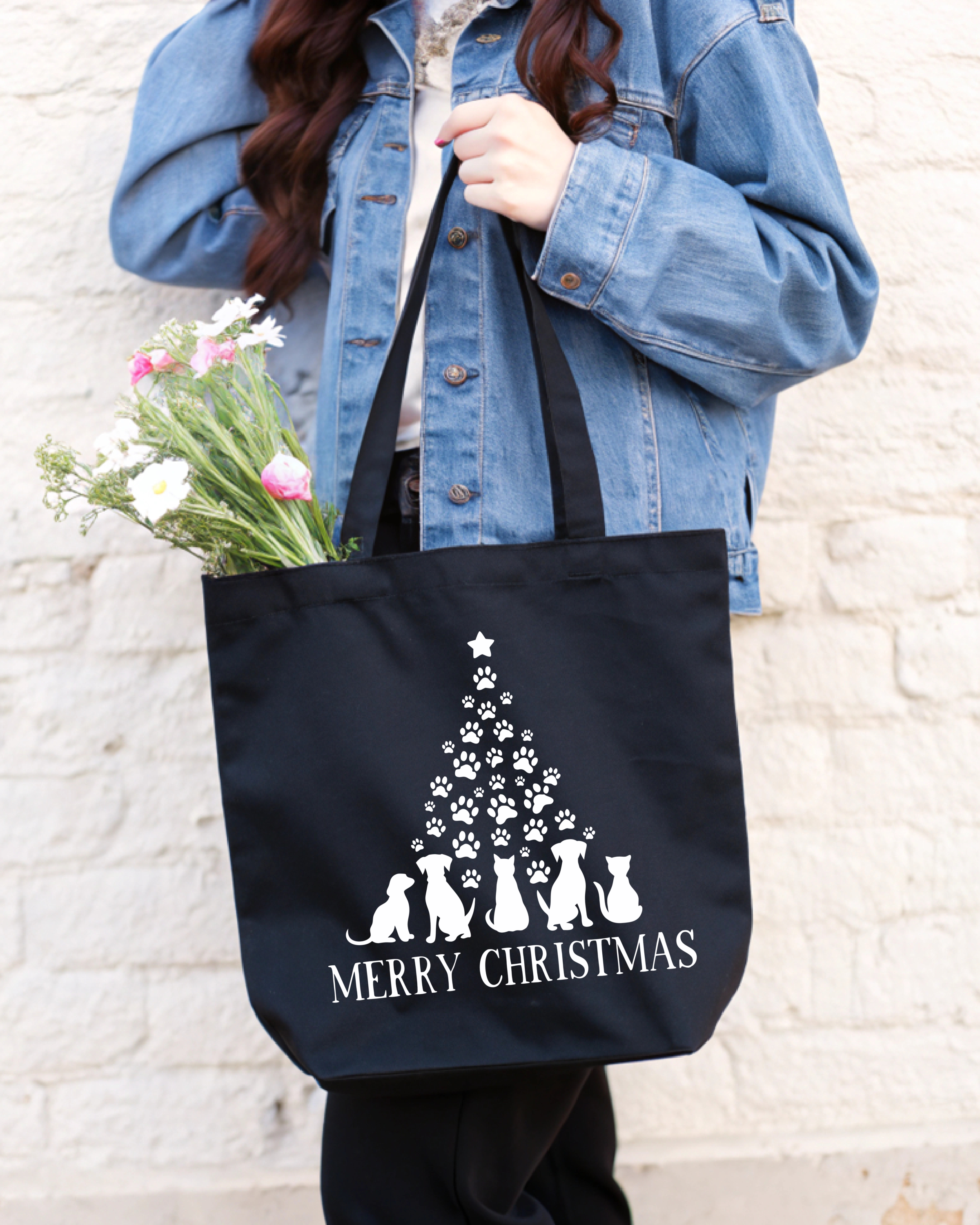 Tote Bag Tree of animal paw prints Merry Christmas