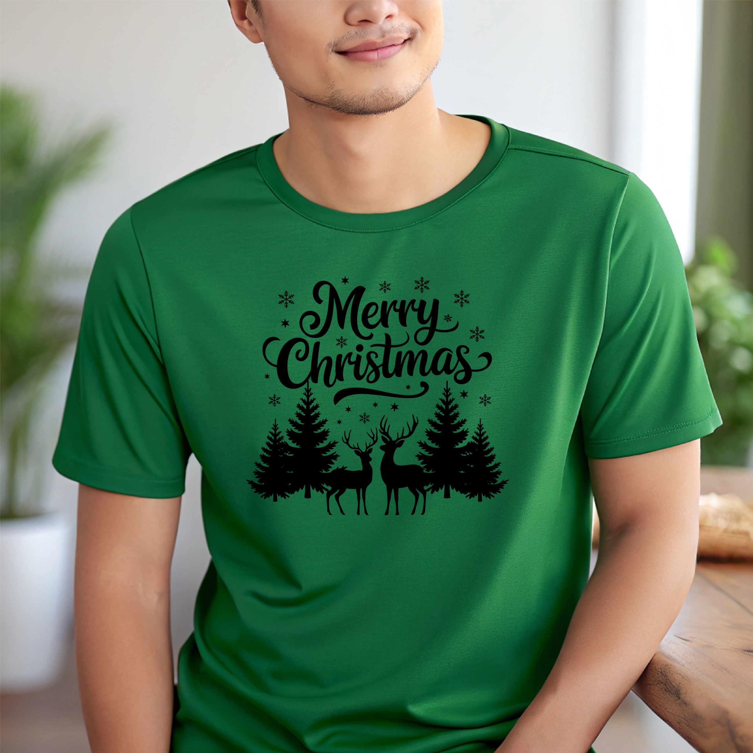 T-Shirt Merry Christmas with 2 deer forest scene
