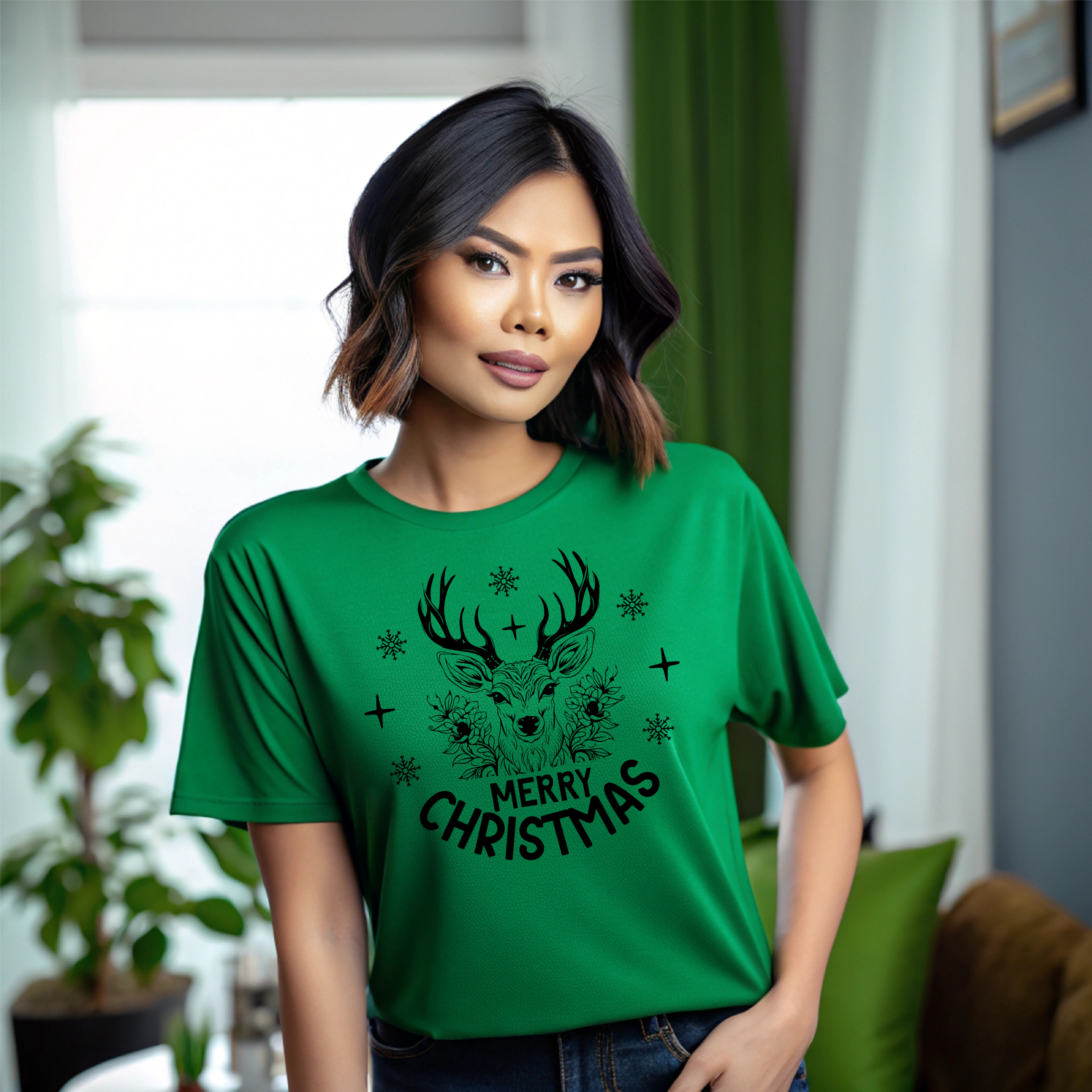 T-Shirt Merry Christmas Deer Head with flowers