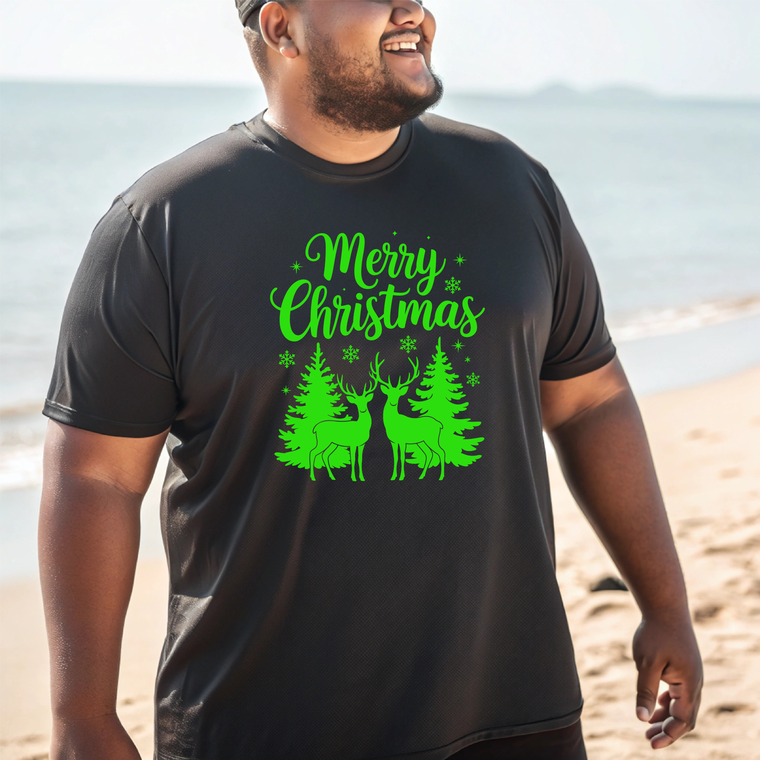 T-Shirt Merry Christmas two Bucks w forest scene