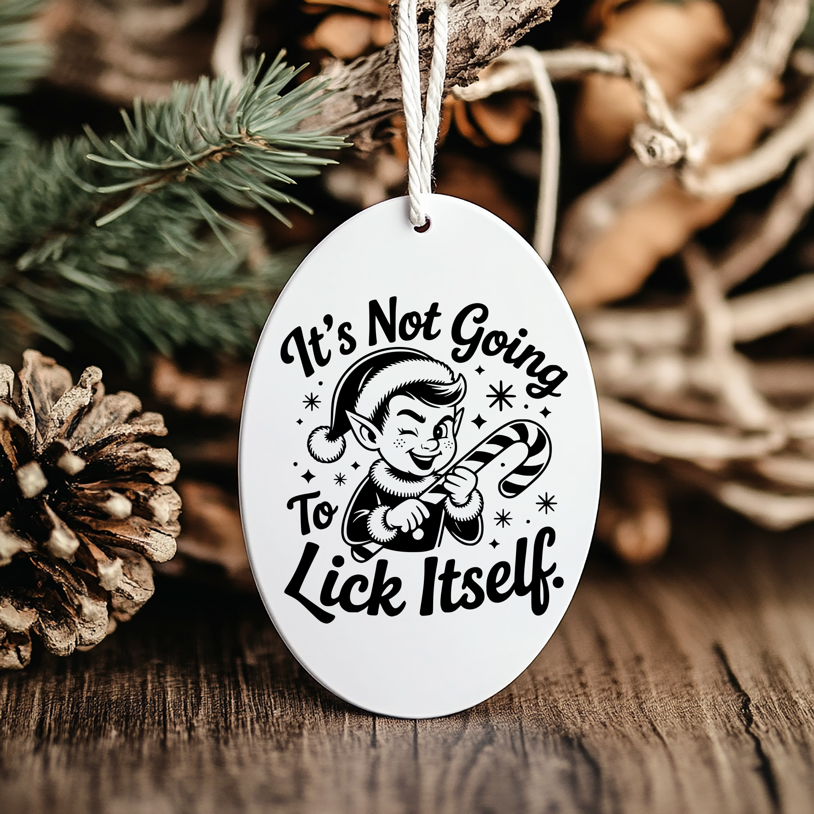 oval ornament elf w candy cane