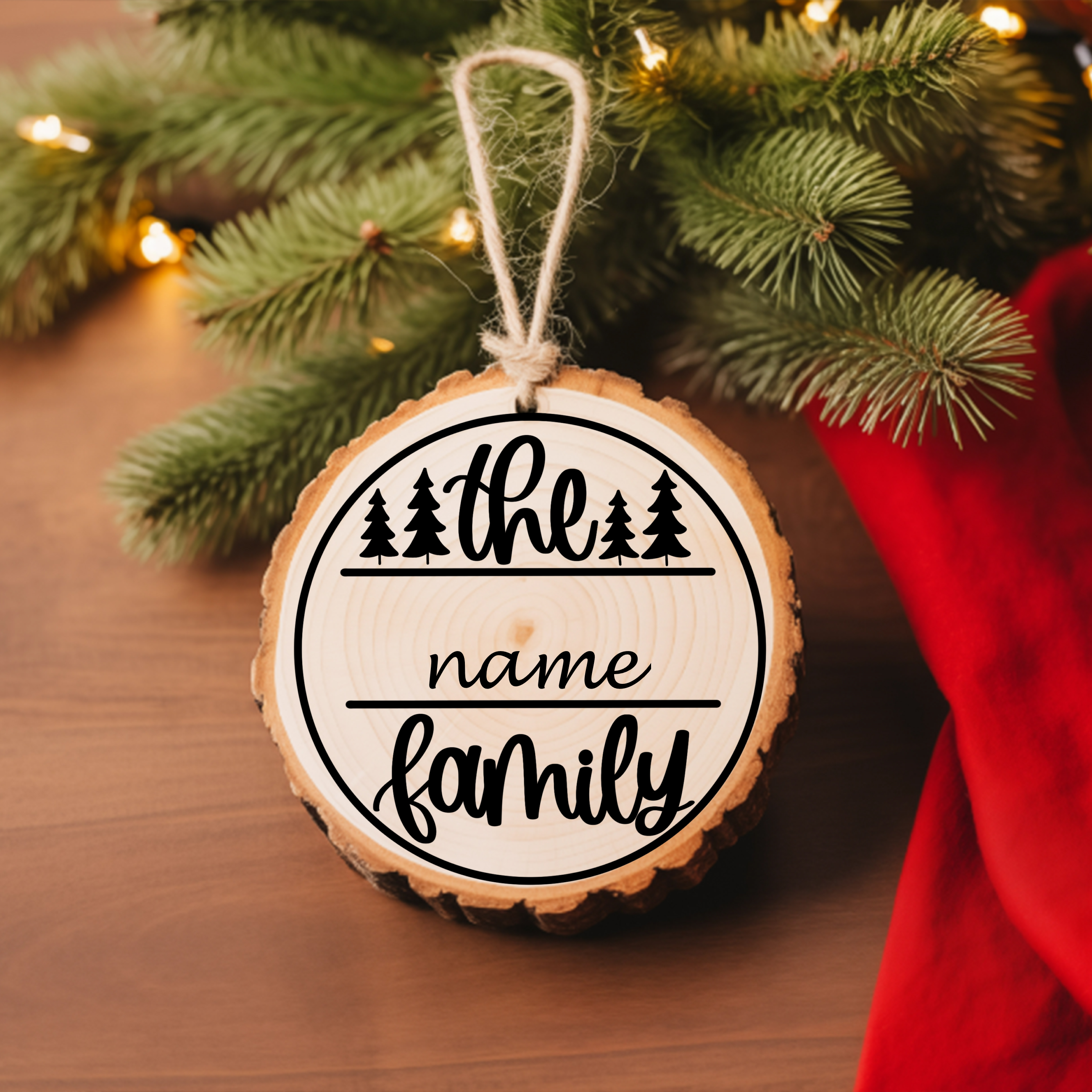 Round Ornament Family Name w Trees