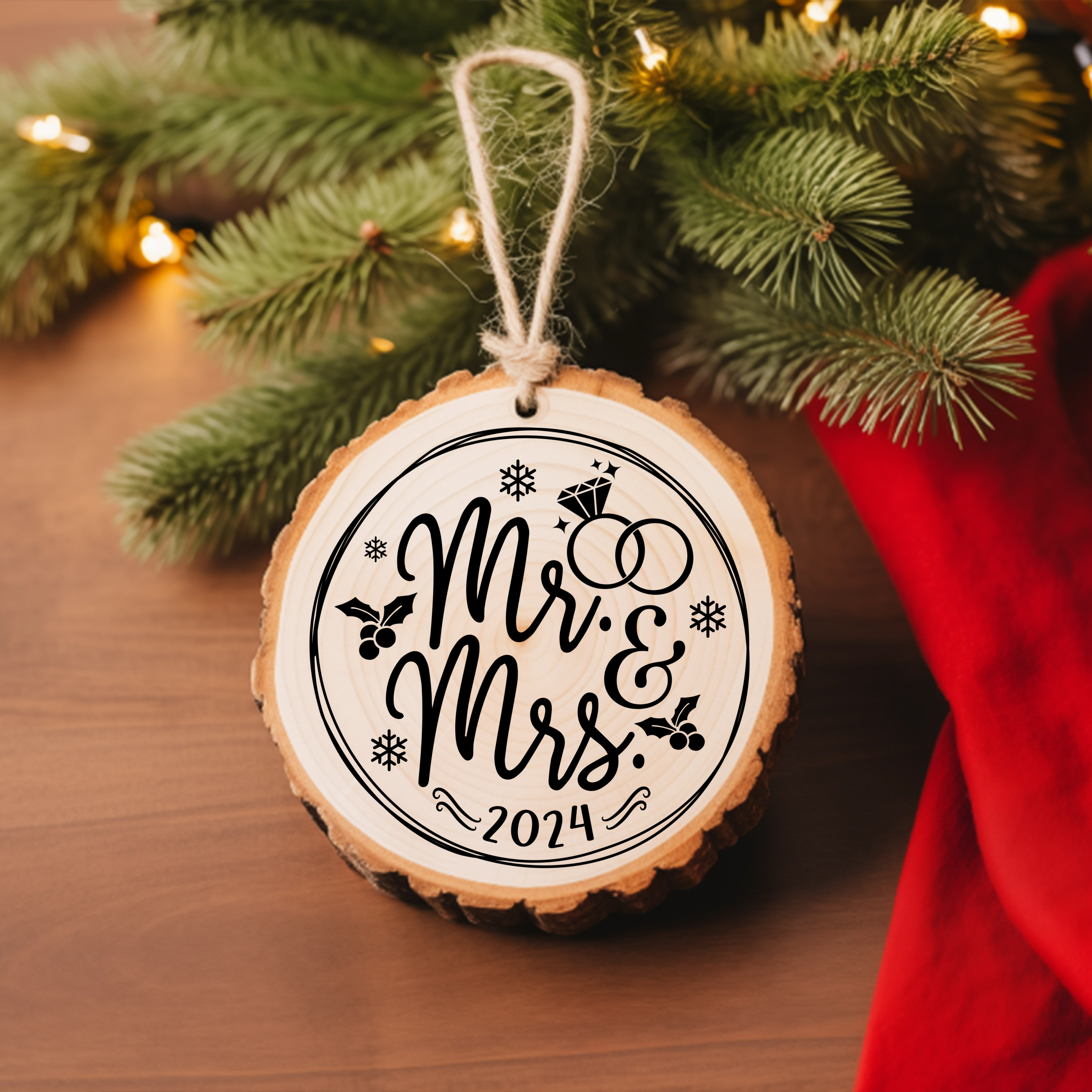 Round Ornament Mr. and Mrs. with wedding bands