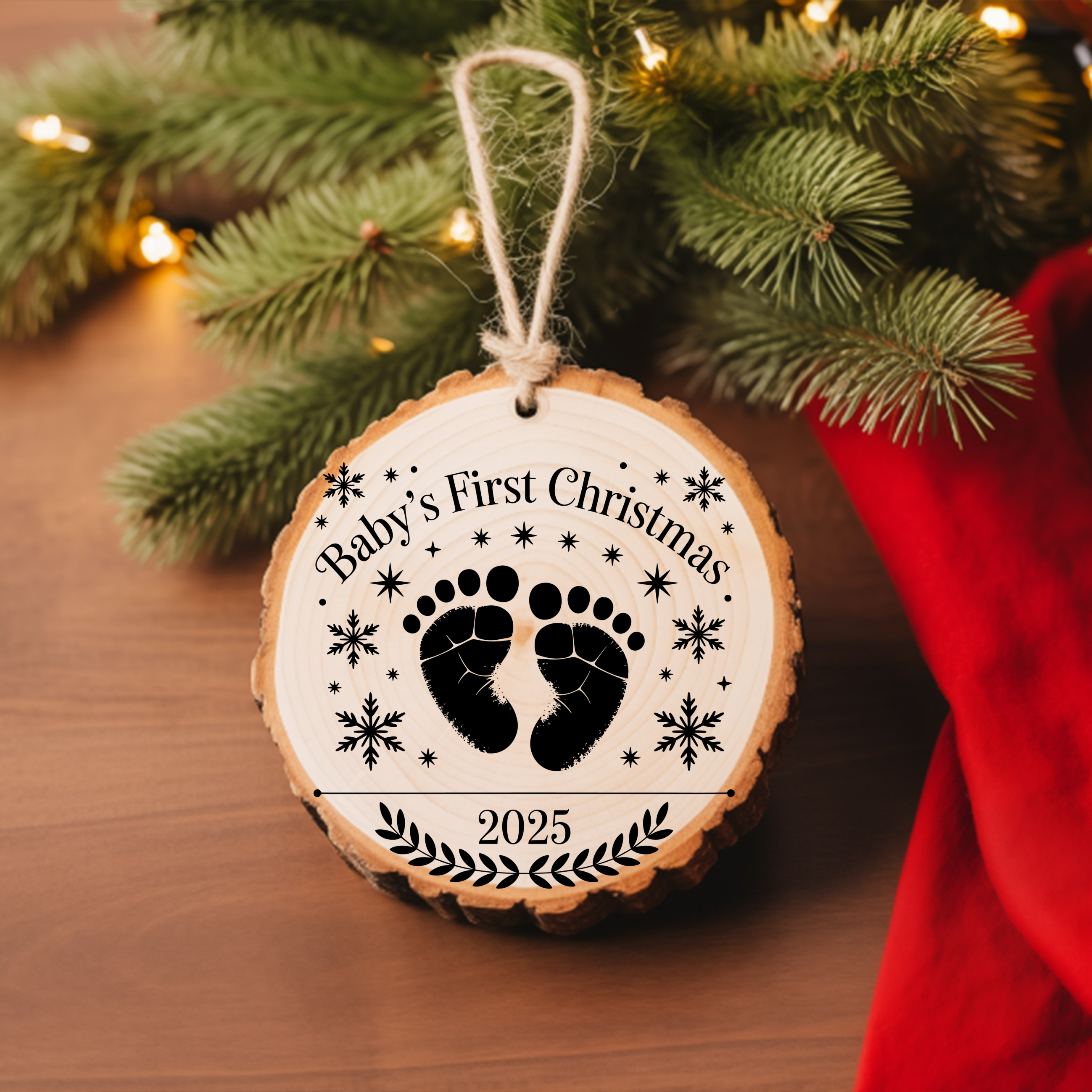 Round Ornament Baby's First Christmas with Footprints