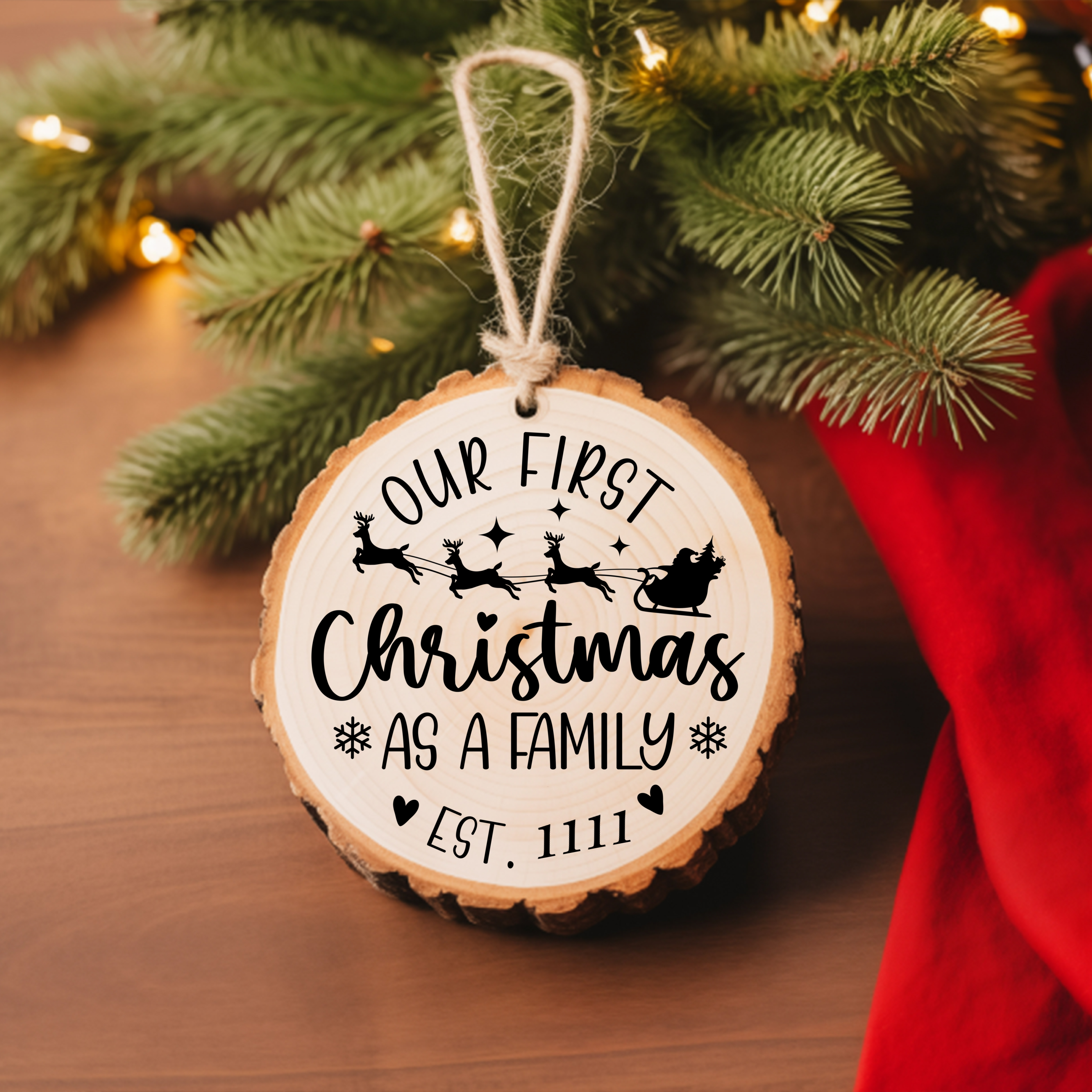 Round Ornament Our First Christmas Santa Sleigh