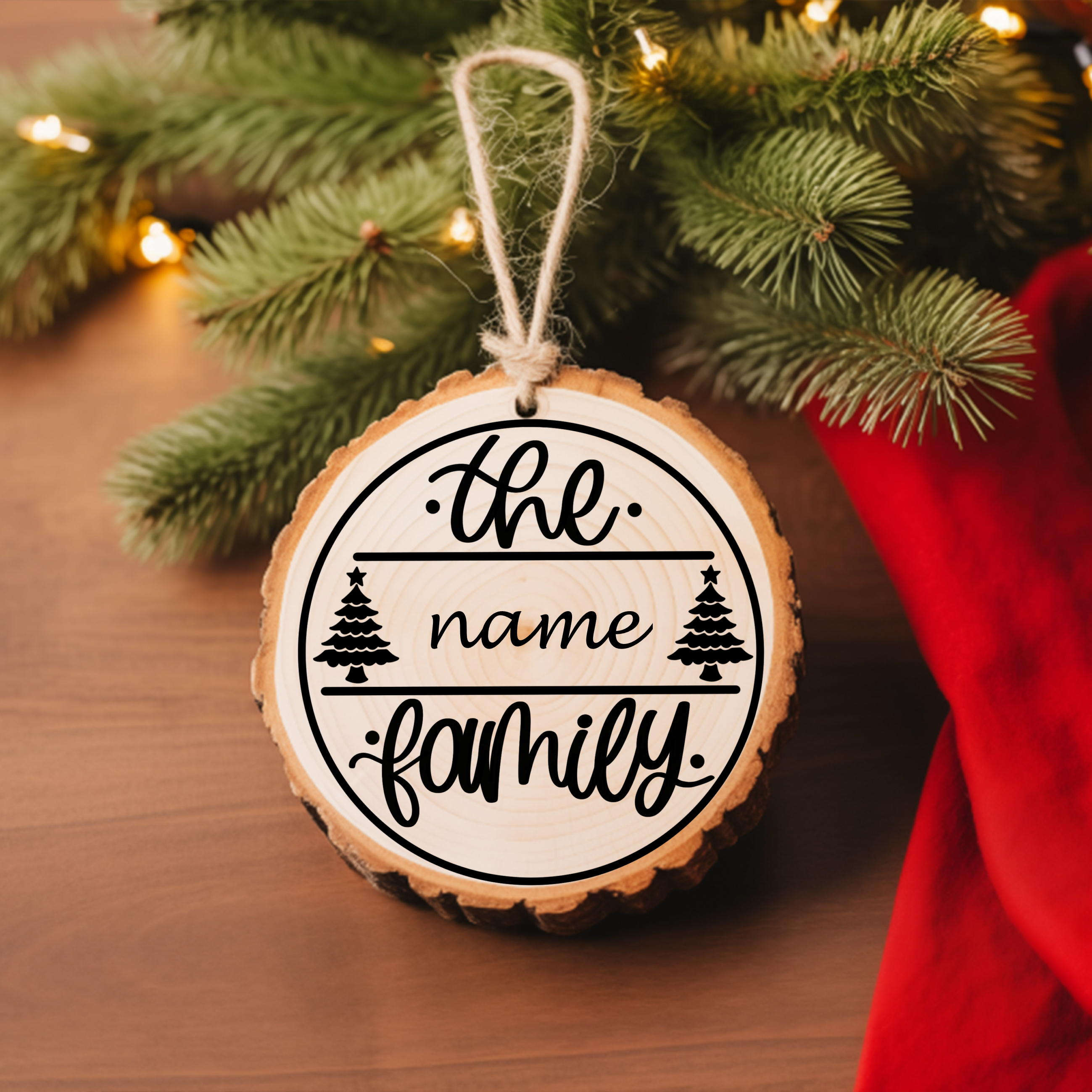 Round Ornament Family Name with trees