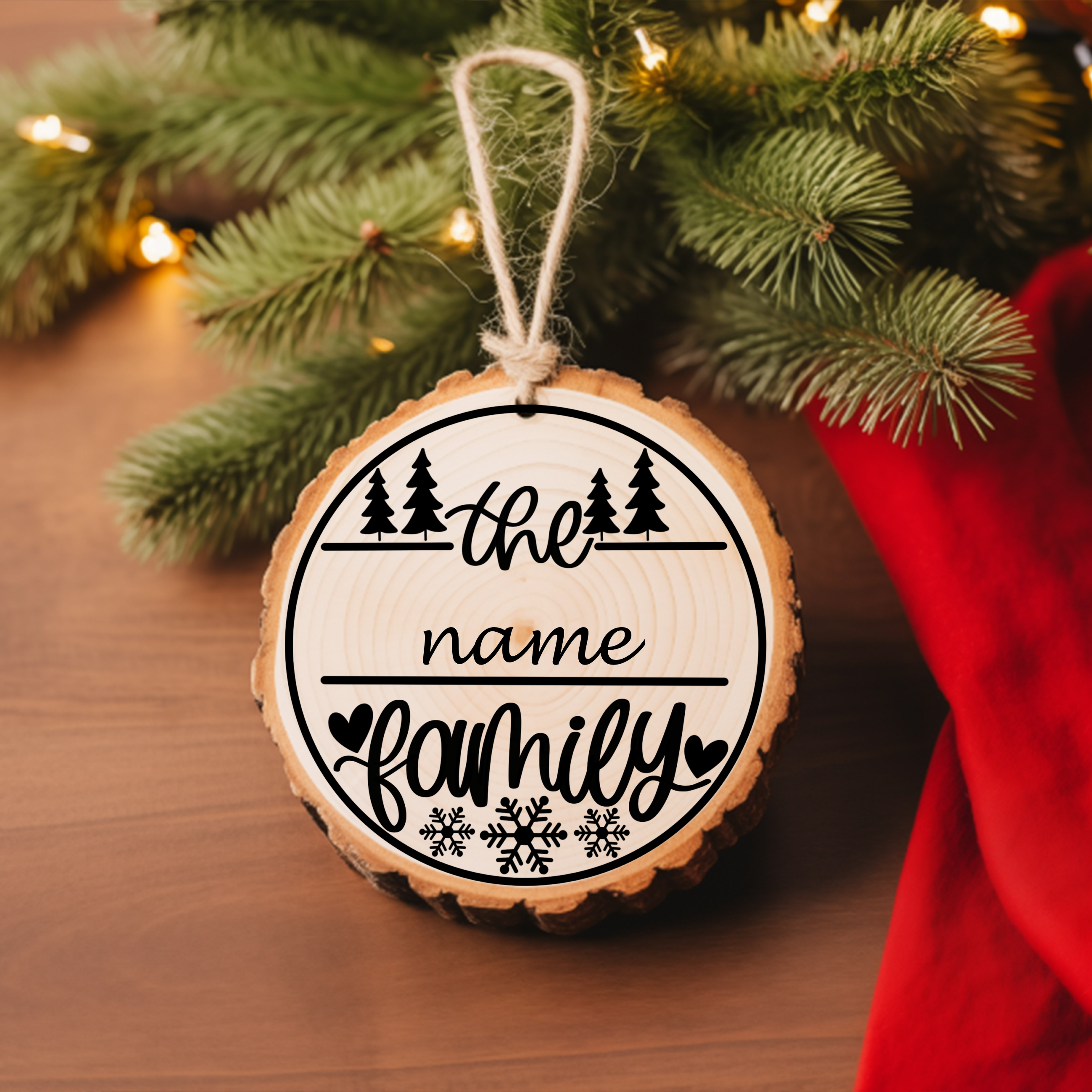 Round Ornament Family Name with Trees and Snowflakes
