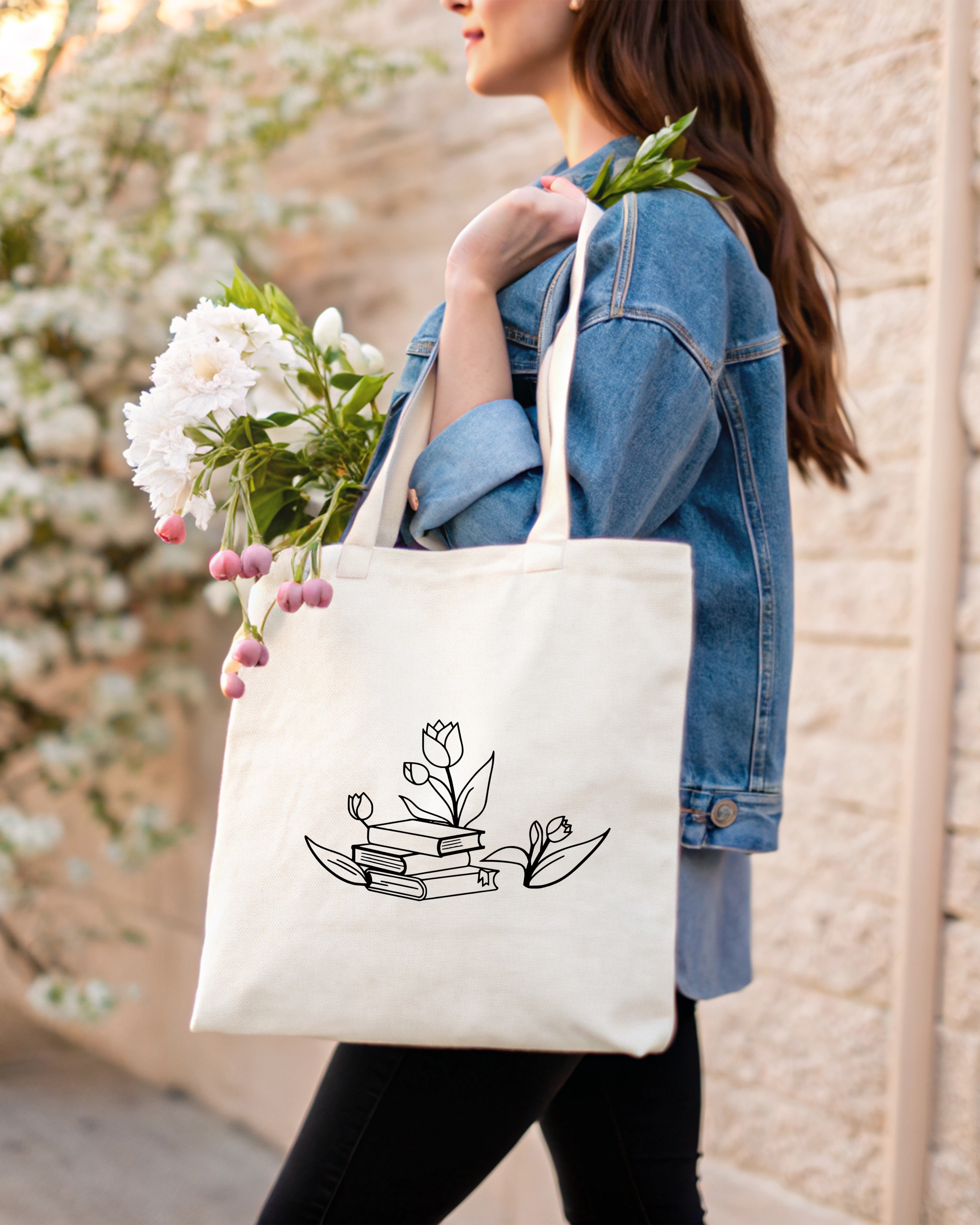 Tote Bag Tulips sitting on Books