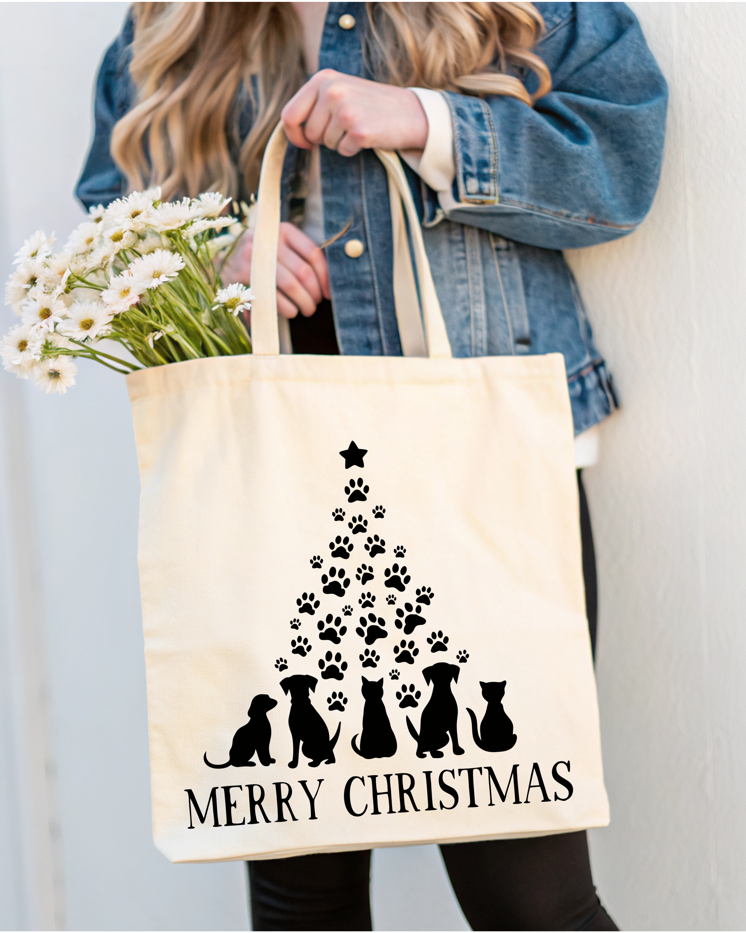 Tote Bag Tree of animal paw prints Merry Christmas